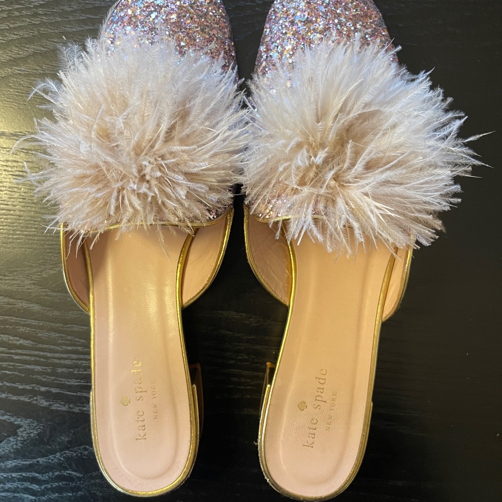Kate Spade Rose Gold Glitter Mules with Gold Trim